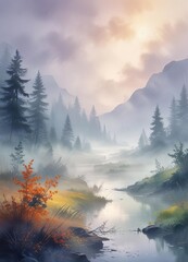 Wall Mural - Abstract watercolor painting of a misty morning, nature, landscape, atmosphere