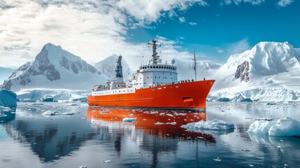 Aufkleber - A large orange ship is in the water near a mountain