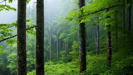 Wall Mural - A forest with trees and a misty sky