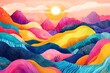 © Thali - A colorful, whimsical mountain range with a pink sky and sun in the background, adorned by coral reefs, vibrant waves of rainbow colors flowing across the landscape