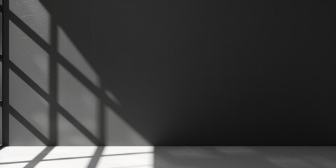 Poster - minimalist interior showcasing a dark wall a light floor and dynamic shadows from a window creating a modern and serene atmosphere.