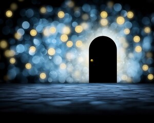 Canvas Print - Dark arched doorway leading to bright bokeh lights.