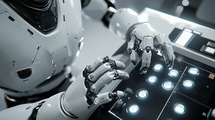 Robot Pushing Shining Buttons: 3D Rendering in 16K Resolution