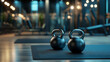 © Liffer - pair of sleek kettlebells resting on textured mat in modern gym with dimly lit, premium ambiance, surrounded by fitness equipment and reflective surfaces