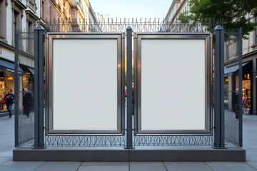 Double empty commercial or information banners mounted on metal fence at city street outside