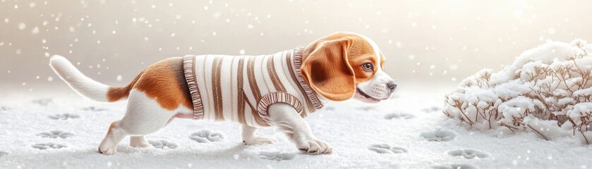 Canvas Print - Dog wearing sweater concept in snowy play setting. A beagle in a sweater walking through the snow