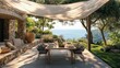 © jambulart - Stone patio, ocean view, shaded dining setting.