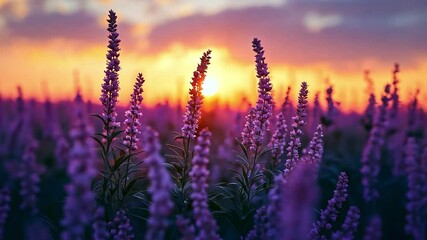 Poster - The sun sets on a field of colorful purple flowers, casting a warm glow and creating a tranquil atmosphere in the early evening.