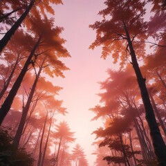 Wall Mural - Soft pink hues and warm orange tones of sunrise peek through the forest canopy , solstice, forest, snow
