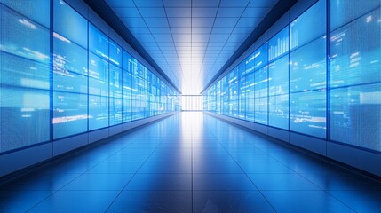 Poster - A long hallway with blue walls and a white ceiling