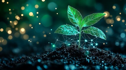 Wall Mural - Green Plant Growing in Dark Soil with Abstract Connections and Glowing Particles for Nature Concept