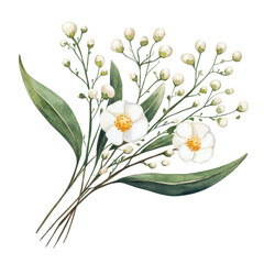 Wall Mural - A bouquet featuring delicate white flowers with green leaves and small buds, showcasing a natural and elegant design, white background, transparent background.