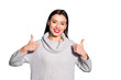© deagreez - Portrait of charming youth showing thumb up promotion wearing gray pullover isolated over blue background