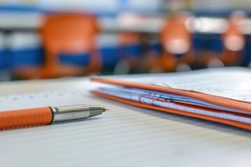 Leinwandbilder - Notebook and pen resting on a desk in a modern classroom filled with bright orange chairs during a sunny day. Generative AI