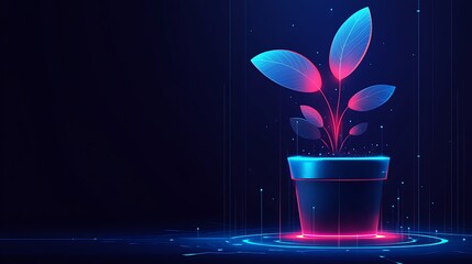 Wall Mural - Neon Glowing Plant in Modern Pot Against Dark Background with Futuristic Light Effects