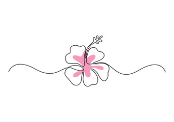 Continuous one line drawing of hibiscus flower. Floral abstract symbol in simple linear style. Organic red herbal tea concept in editable stroke. Vector illustration