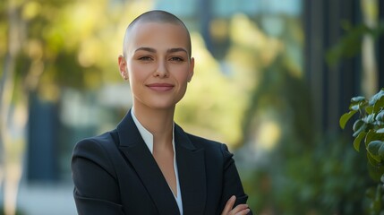 Poster - A woman with a shaved head is wearing a black suit and smiling
