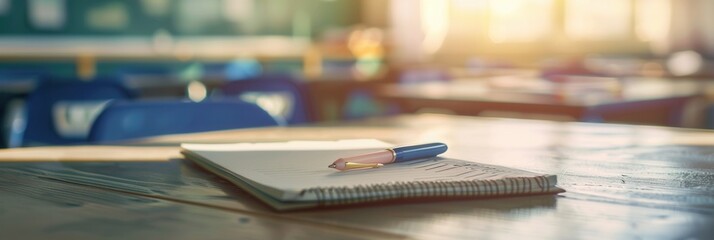 Poster - Notebook and pen resting on a desk in a modern classroom filled with bright orange chairs during a sunny day. Generative AI