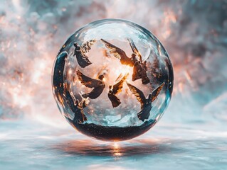 Poster - Illuminated miniature angels within oversized glass sphere soft pink bokeh background artistic representation