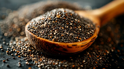 Wall Mural - Black chia seeds in a wooden spoon on a black background.