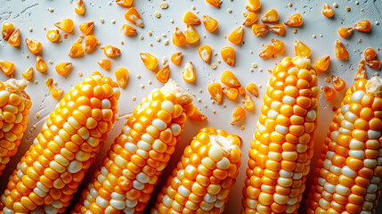 Wall Mural - Fresh corn on the cob on a white background. Top view.