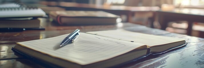 Fototapete - Students prepare for exams in a bright classroom filled with books and notebooks during late morning study time. Generative AI