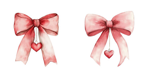 Wall Mural - Two pink bows with hanging heart charms, showcasing a delicate and charming design suitable for gifts or decorations, white background, transparent background.