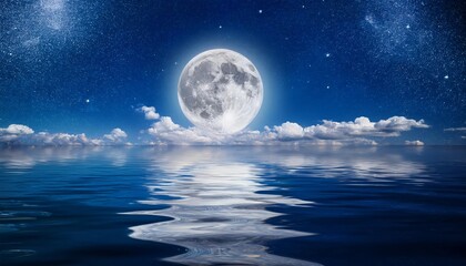 a full moon illuminates the ocean at night, reflecting on the water's surface with clouds and stars 