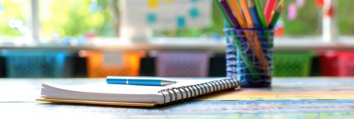 Aufkleber - Bright and organized workspace with notebook, pen, and colorful pencils during a sunny afternoon. Generative AI