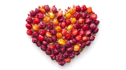 Canvas Print - Heart-shaped arrangement of red, orange, and yellow tulip buds on white background.