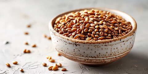 Wall Mural - Wheat grains in a ceramic bowl on a gray concrete background.