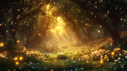 Canvas Print - Magical sunset in enchanted forest with glowing fireflies and flowers.