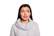 © deagreez - Photo of scared lady listening blaming her teacher wear warm knitted pullover isolated blue background