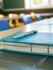Poster - Notebook and pen resting on a desk in a modern classroom filled with bright orange chairs during a sunny day. Generative AI