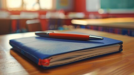 Leinwandbilder - Notebook and pen resting on a desk in a modern classroom filled with bright orange chairs during a sunny day. Generative AI