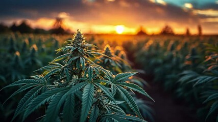 Poster - Vibrant green cannabis plants grow robustly in a vast field as the sun sets, illuminating the landscape with warm hues and creating a tranquil atmosphere.