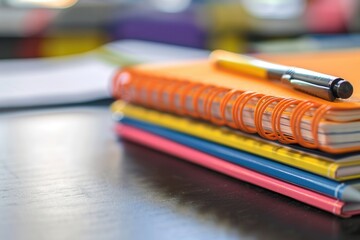 Poster - Notebook and pen resting on a desk in a modern classroom filled with bright orange chairs during a sunny day. Generative AI