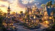 © milenialdesastudio - A fantastical, quaint, and charming village at sunrise, with fairytale-like architecture and winding cobblestone streets, lush gardens, and illuminated buildings.