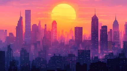 Wall Mural - City Skyline Sunset Vibrant Colors Urban Landscape