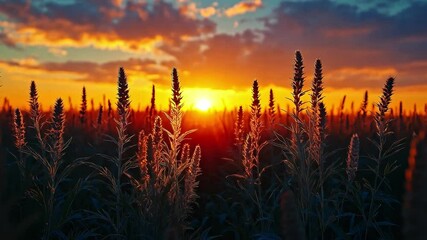 Aufkleber - The warm glow of the setting sun bathes a wheat field in golden light, creating a stunning backdrop with vibrant colors across the sky.
