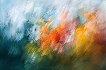 An abstract painting depicting the colors of autumn: green, blue, orange, and red. The imagery is blurred, creating an impressionist style with soft brush strokes