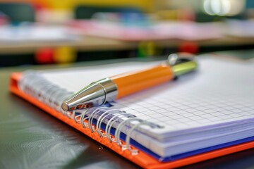 Poster - Notebook and pen resting on a desk in a modern classroom filled with bright orange chairs during a sunny day. Generative AI