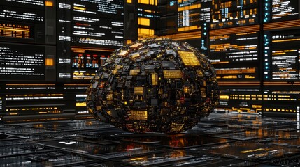 Poster - Futuristic Abstract Digital Sphere Surrounded by Neon Data Streams