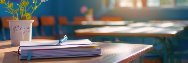 Aufkleber - Bright classroom setting with a notebook and flowers on a desk during a sunny day. Generative AI