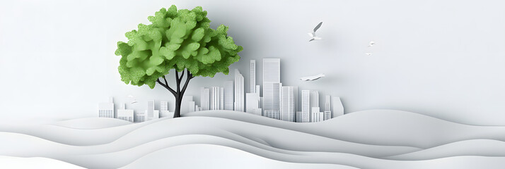 The person who knows. Tree, Achieve sustainable growth, World Environment Day. White eco urban city and nature landscape background paper art style.