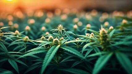 Poster - The lush cannabis plants reach toward the warm sunset glow, with one plant standing out, showcasing detailed leaves and budding flowers.
