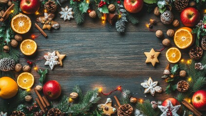 Wall Mural - christmas decorations and ornaments on a wooden table