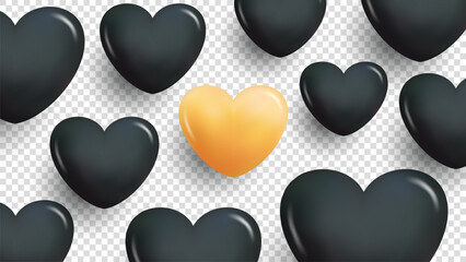 Aufkleber - Gold and black colored 3d hearts on transparent background. Graphic overlay template for wedding invitations and Happy Valentine's Day holiday greetings. Vector illustration.