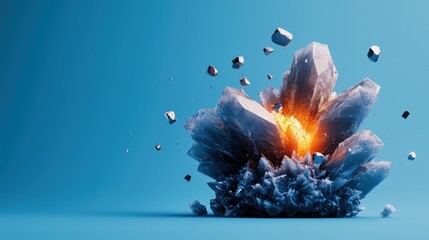 Poster - Sound Loud 3D Rendering Concept, Shattering Loud Sound of Crystalline Structure Exploding in Vibrant Blue Background