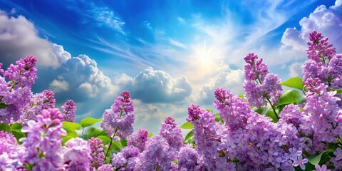 Wall Mural - lilac flowers blooming under a sky filled with gorgeous clouds , nature, spring, beauty, botanical, 